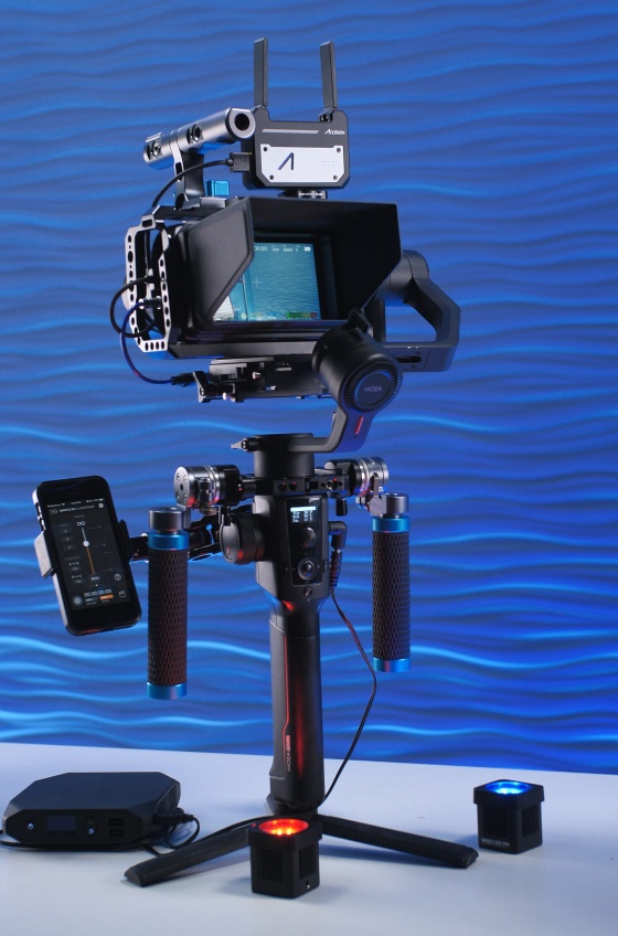 Blackmagic Pocket Cinema Camera 4K with Smallrig Cage and sun hood. Kondor Blue quick release rosette handles mounted to quick release nato rail clamps.