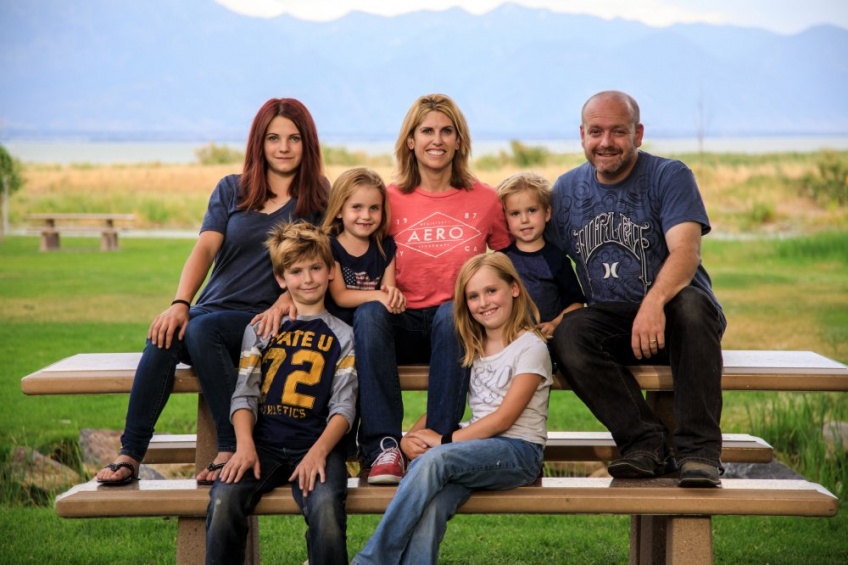 Family Photo Park Bench and Mountains